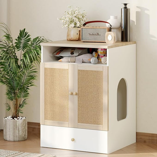 Cat Litter Box Enclosure Furniture Hidden - Indoor 3-in-1 Wooden Cat House & Washroom Cabinet with Scratching Board Doors, Shelf and Feeder Bowls, 23.6”x17.7”x32.7”H