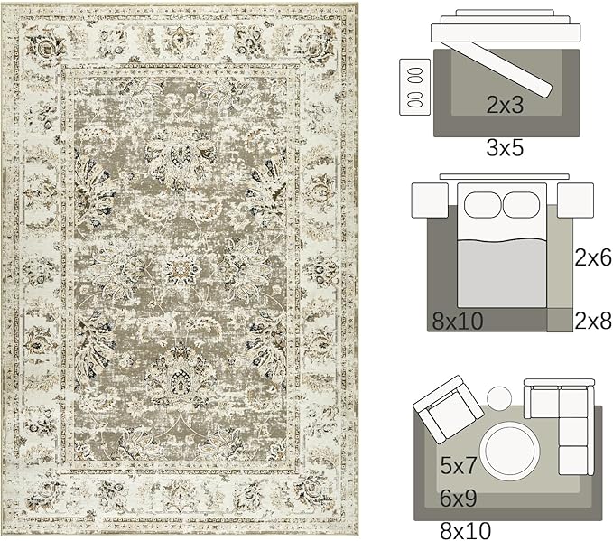 jinchan Fiora Washable Area Rug 8x10 for Living Room - Soft Faux Wool Ultra-Thin Stain Resistant Non-Slip Distressed Vintage Floral Large Carpet for Bedroom, Home Office, Nursery(Taupe, 8'x10')