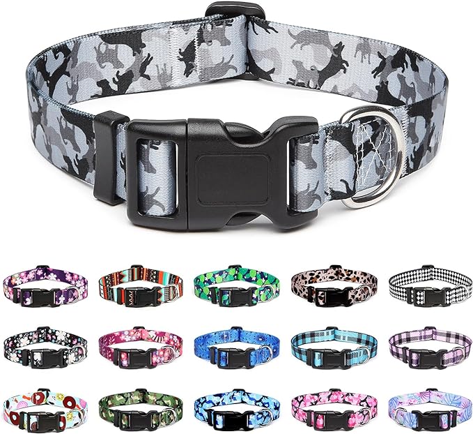 Mercano Adjustable Dog Collar - Special Design Patterns, Soft Nylon Comfortable Durable Pet Collar for Small Medium Large Dogs (XS, Dog Camouflage Grey)