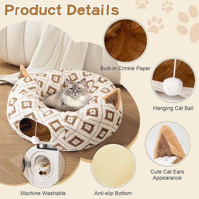 Cat Tunnel Bed for Indoor Cats, Cat Donut Tunnel with Washable Cushion, Peekaboo Cat Cave Toy, Multifunctional Playground Toys for Kittens, Rabbit, Brown Jacquard Pattern