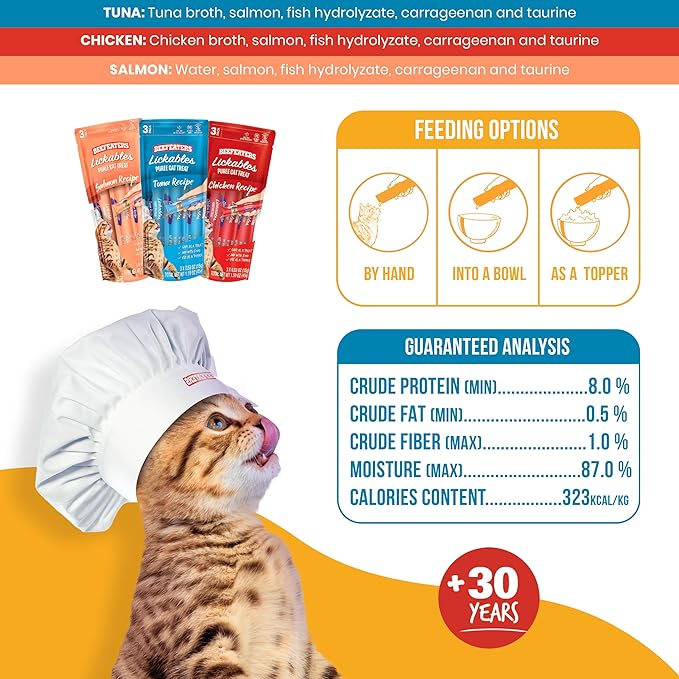 Beefeaters Cat Treats Variety Pack Lickable Puree 48ct – Salmon, Tuna & Chicken, Grain-Free, Taurine-Enriched, Ideal for Training & Interactive Feeding