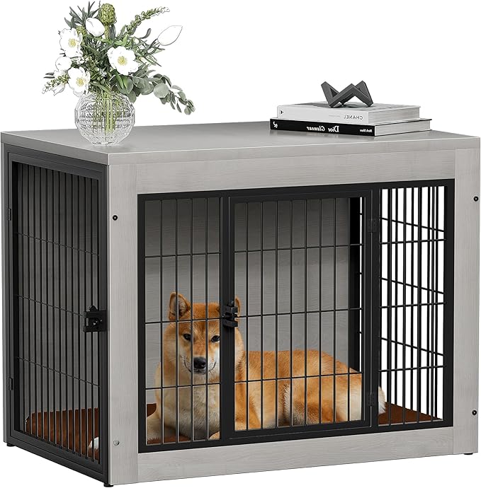 Bigrab Dog Crate Furinture with Thick Cushion, Side End Table Wooden Dog Cage with Double Doors, Chew-Resistant Dog Kennel Dog House Indoor for Small to Large Dog, M (Grey)