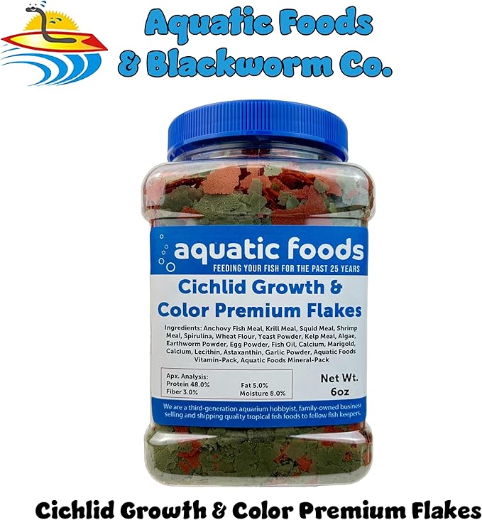 Aquatic Foods Inc. Premium Cichlid Growth and Color Enhancing Flakes with Spirulina, Color Enhancing Astaxanthin Also Pellet Mix, Wafer Mix Included…6oz