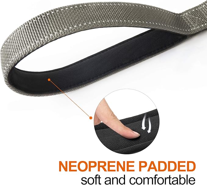 TwoEar 5FT 1IN Strong Gray Dog Leash with 2 Padded Handles, Traffic Handle Extra Control, Comfortable Soft Dual Handle, Auto Lock Hook, Reflective Walking Lead for Small Medium and Large Dogs