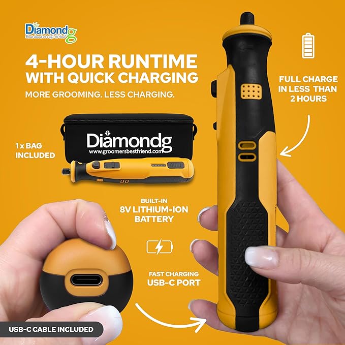 Diamondg Cordless Dog Nail Grinder with Quiet Sound & LED Tip for Large & Small Dogs, 4hrs. Runtime, 2 Bits Included, Orange