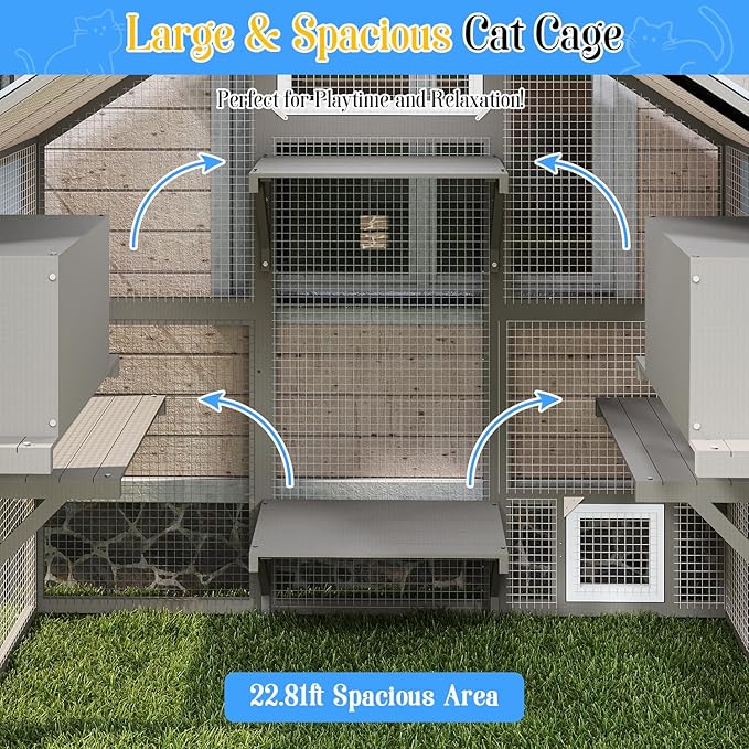 Cat Catio Outdoor Enclosure for Multiple Cats, Large Wooden Walk-in Cat House with Window Connection, 2 Condos, Platforms, Doors, and Weatherproof Roof Cover (69.5" L x 47" W x 71" H)