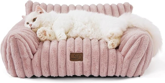 Bedsure Cute Cat Couch for Pets - Fluffy Cat Sofa with Premium Soft Corduroy Fleece, Fuzzy Pet Couch Bed with Removable Washable Cover, Supportive Chair for Indoor Cats, 24inch, Blush Pink