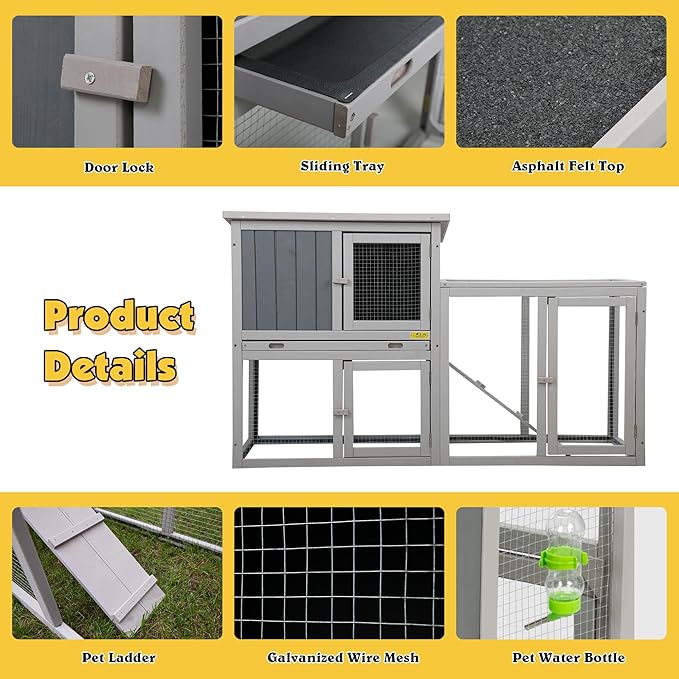 Assembled Wooden Indoor & Outdoor Rabbit Hutch, 2 Story Small Animal House Habitat, Durable Pet Bunny House Cage with Cleaning Tray, for Bunny Chick Duck Hamster (Grey)