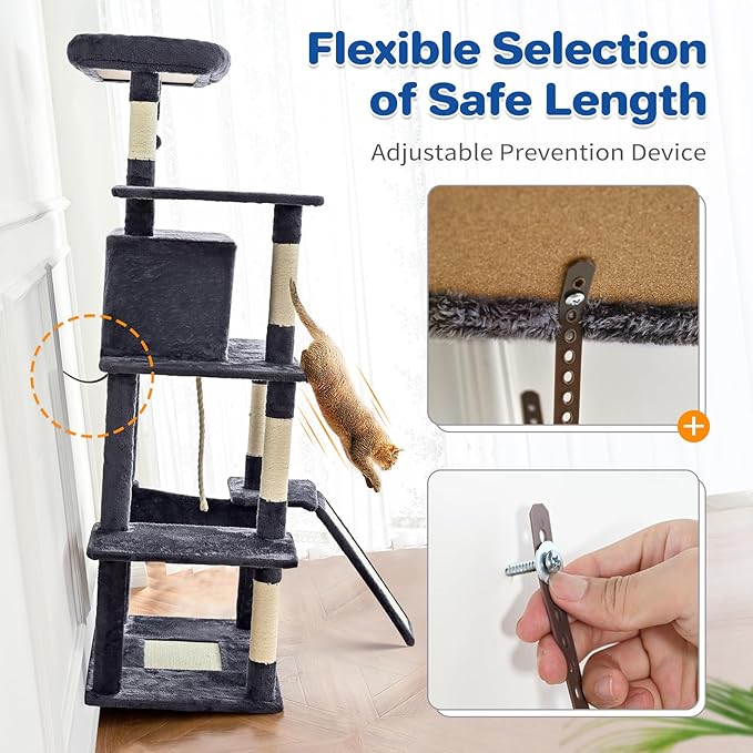 Cat Tree Tower 63in Multi-Level Cat Tower for Indoor Cats with Sisal Scratching Posts, Condo, Hammock, Dangling Ball and Extended Platform for Cats to Play, Beige