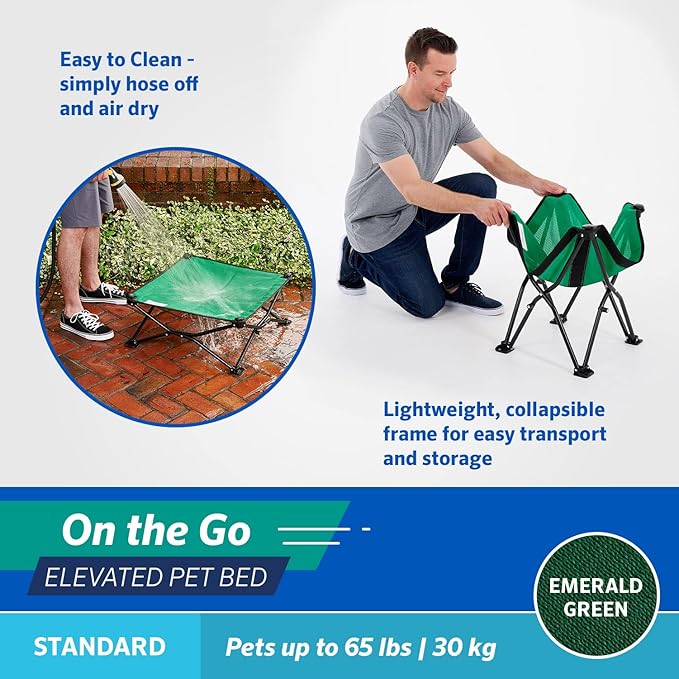 Coolaroo On-The-Go Elevated Dog Bed - Foldable Pop-Up Travel Dog Bed with Breathable, Moisture-Resistant Fabric, Carry Bag Included, Lightweight & Portable, Emerald Green, Standard