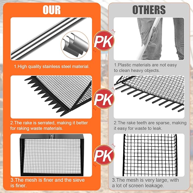 Chicken Poop Scooper and Rake with Ergonomic Handle, 2 in 1 Large Metal Chicken Coop Scoop for Poop with Adjustable Stainless Steel Pole, Sand Sifting Shovel for Chicken Coop Accessories