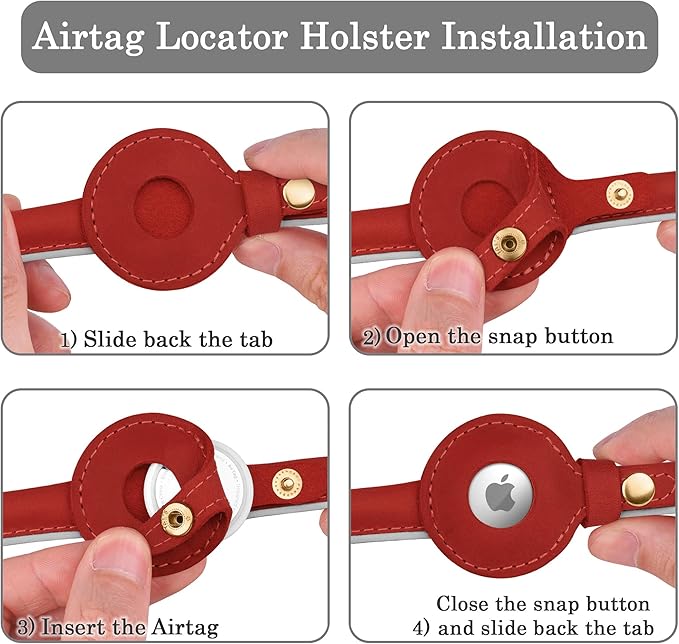 OOPSDOGGY Rolled Leather Dog Collar with Airtag Holder - Reflective Round Airtag Dog Collar - Soft Tracking Pet Collar for Small Dogs Puppy Cats Kitten (Red, M, 12"-15")