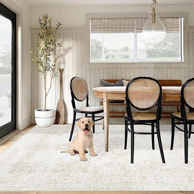 Vintage Living Room Area Rug - 5x7 Large Machine Washable Boho Moroccan Rug Distressed Farmhouse Rugs for Bedroom - Soft Non-Slip Indoor Carpet for Dining Room Office Nursery(Ivory, 5'x7')