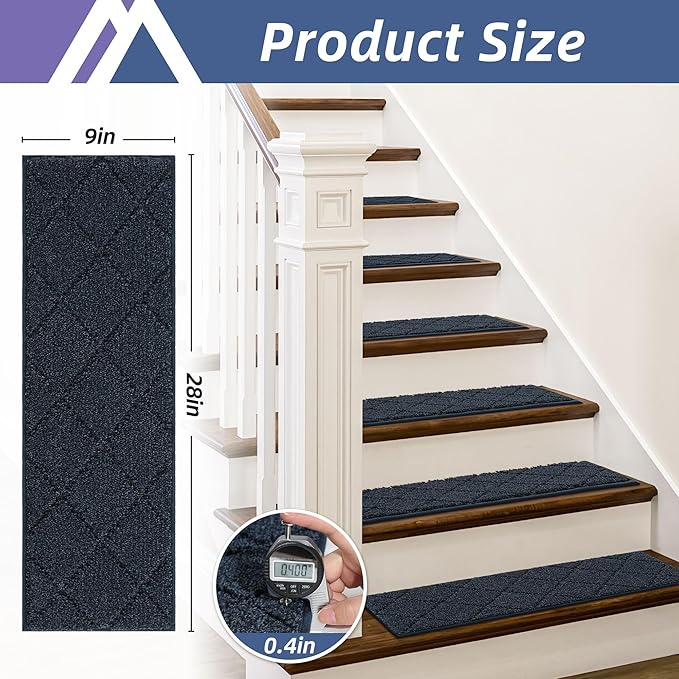 COSY HOMEER Edging Stair Treads Non-Slip Carpet Mat 28inX9in Indoor Stair Runners for Wooden Steps, Edging Stair Rugs for Kids and Dogs, 100% Polyester TPE Backing (15pc, Navy)