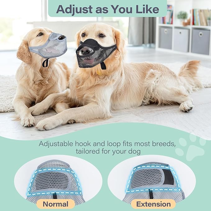 LUCKYPAW Dog Muzzle for Large Medium Small Dogs, Patented Mesh Muzzle to Prevent Biting Chewing Eating, Soft Mouth Guard with Front Opening Design for Drinking Panting (Grey, XS)