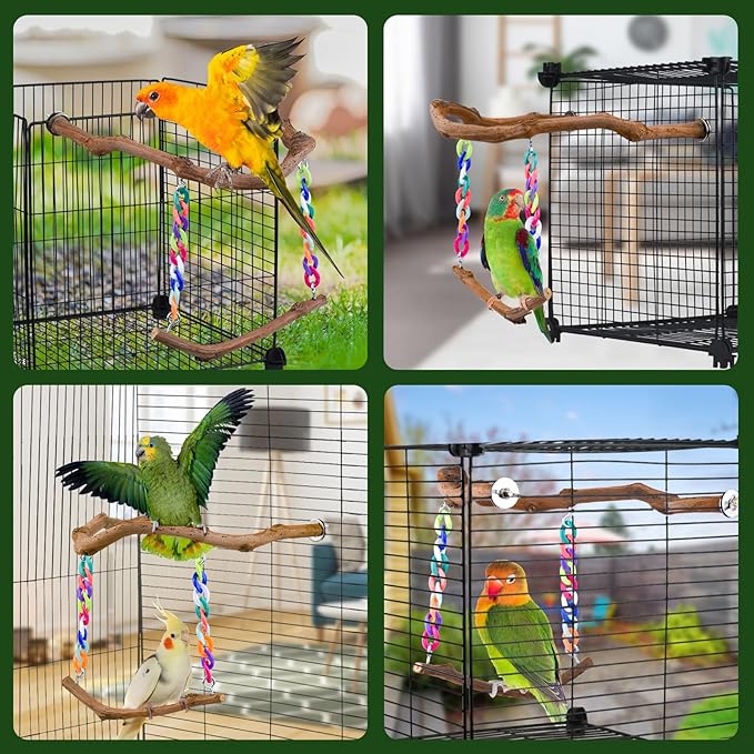 Bird Swing Toys, Standing Bird Perch with Natural Grape Wood, U Shape Hangable Birdcage Accessories, Birds Chewing Toy for Budgerigars, Parakeets, Cockatiels, Conures, Lovebirds, Finches (2Pack)