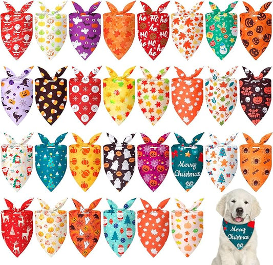 Chunful 30 Pcs Holiday Dog Bandanas Bulk for Fall Thanksgiving Halloween Christmas with Maple Leaves Pumpkin Ghost Snowman Adjustable Triangle Pet Scarf for Small Medium Large 25.6 x 17.7 x 17.7 in