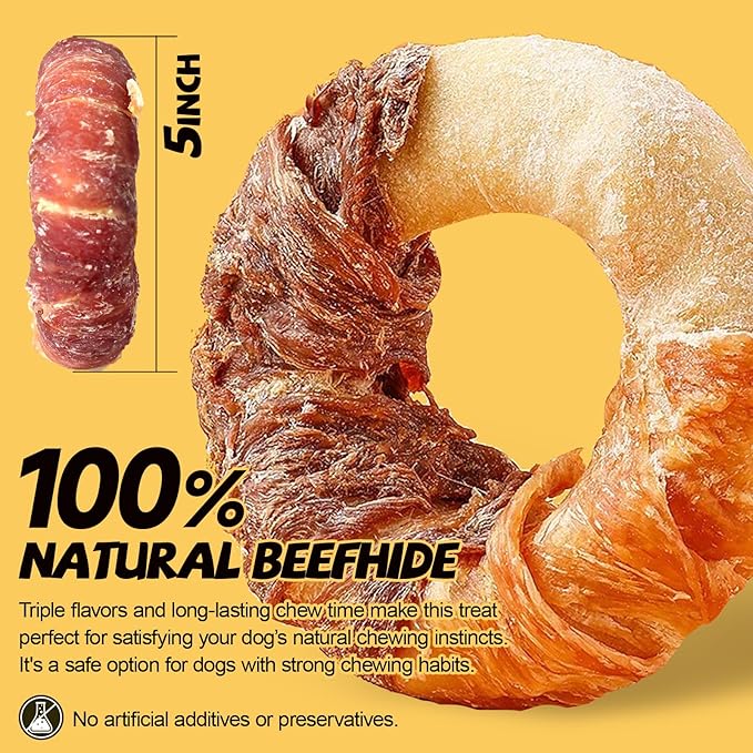 ASMPET Dog Treats Chews, Chicken & Duck Wrapped Rawhide Donuts Dental Care Chews for Small Medium Large Breed Aggressive Chewers (Pack of 4)