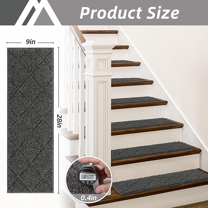 COSY HOMEER Edging Stair Treads Non-Slip Carpet Mat 28inX9in Indoor Stair Runners for Wooden Steps, Edging Stair Rugs for Kids and Dogs, 100% Polyester TPE Backing (10pc, Black)