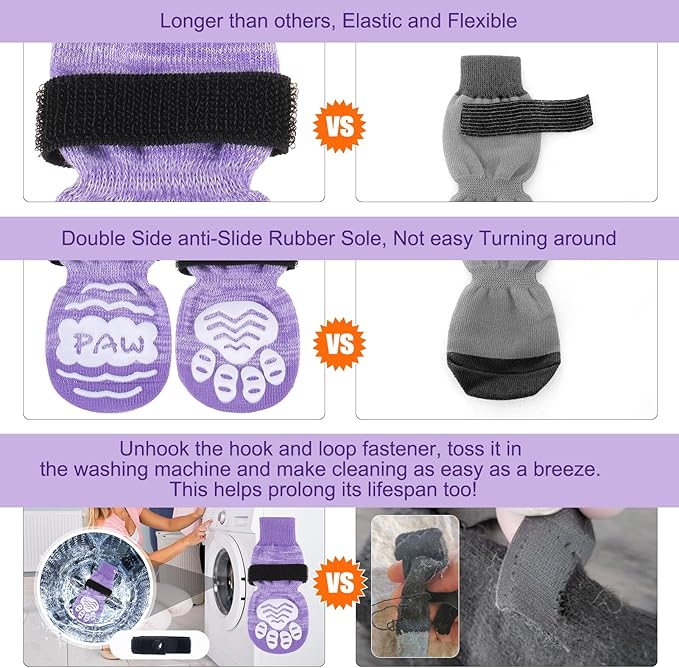 BEAUTYZOO Anti Slip Dog Socks for Small Medium Large Dogs with Grips Straps on Hardwood Floor Protection Wear, Traction Control 4 Pairs Double Side Paw Protector to Prevent Licking for Girl or Boy