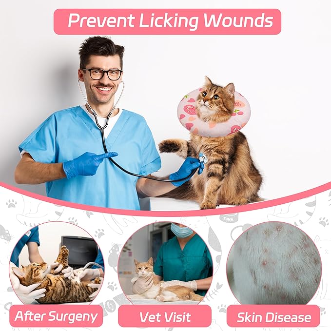 Cat Cone Soft Collar, Adjustable Cat Recovery Collar for Small Medium Large Cats, Cute Donut E Collar After Surgery, Anti-Lick Wound Healing Elizabethan Collar for Kittens (Pink Heart, Large)