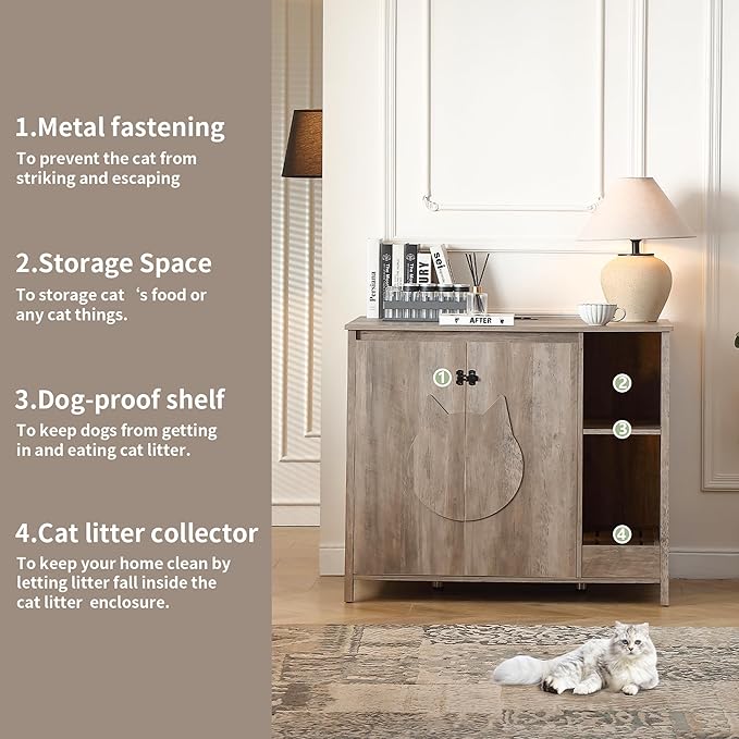 Cat-Faced Doors Cat Litter Robot Enclosure,Automatic Litter Box Enclosure for Litter Robot 3/4,Power Outlet for Litter Robot Cabinet,Litter Collector,Dog-Proof Adjustable Shelf,Grey