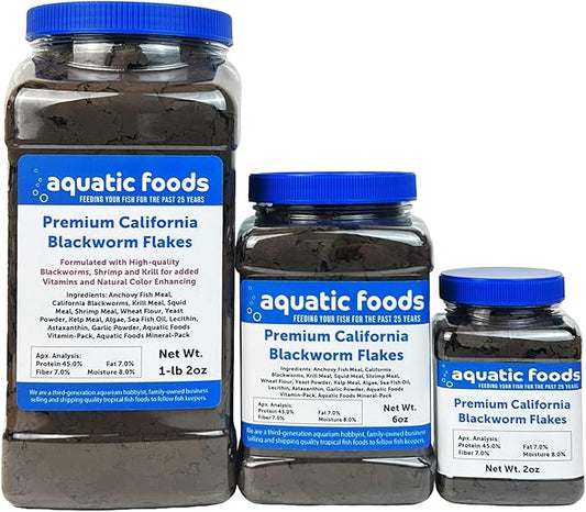 Aquatic Foods Inc. California Blackworm 45% Protein Premium Flakes for Discus, Cichlids, All Tropical Fish Also Pellet Mix, Wafer Mix Included…1-lb 2oz
