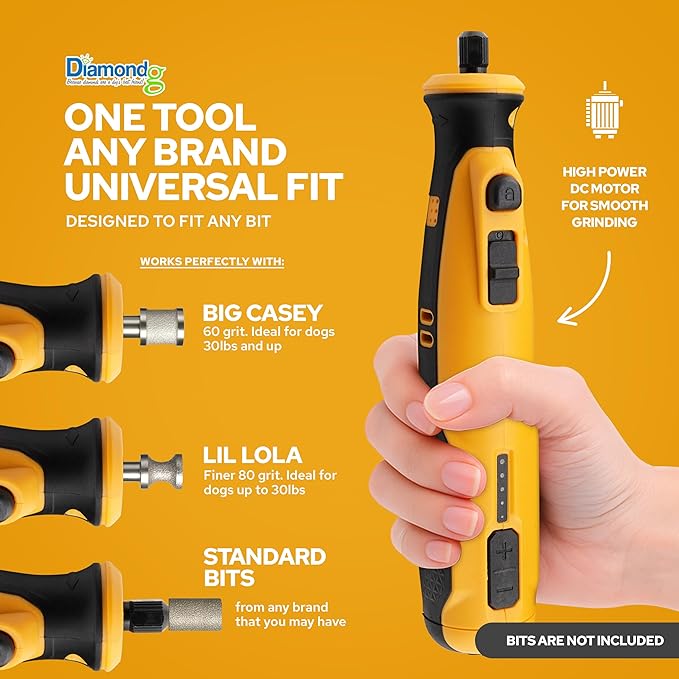 Diamondg Cordless Dog Nail Grinder with Quiet Sound & LED Tip for Large & Small Dogs, 4hrs. Runtime - Electric Dog Nail Trimmer, Heavy Duty Rotary Tool Alternative to Toenail Clippers & Filers