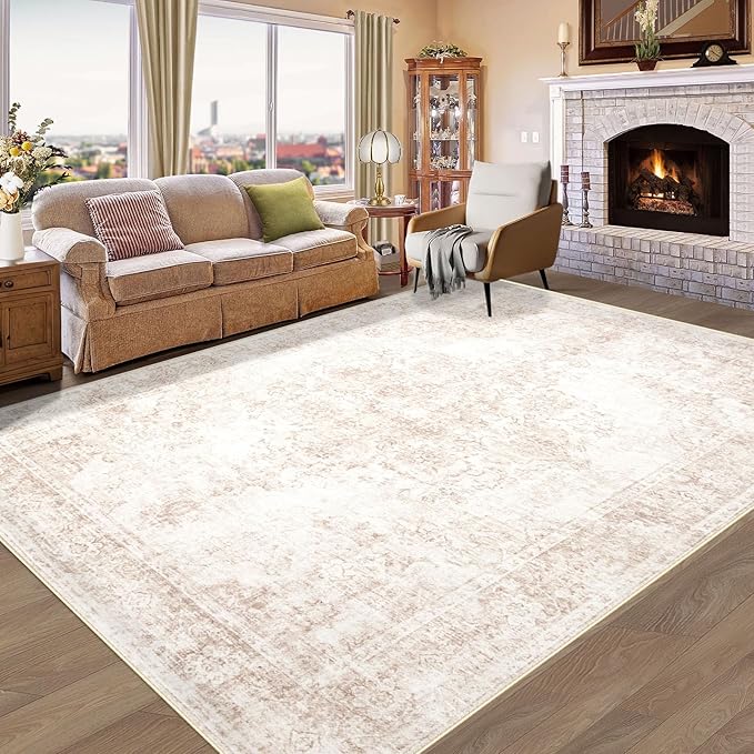 Vintage Living Room Area Rug - 6x9 Large Machine Washable Boho Moroccan Rug Distressed Farmhouse Rugs for Bedroom - Soft Non-Slip Indoor Carpet for Dining Room Office Nursery(Retro Beige, 6'x9')