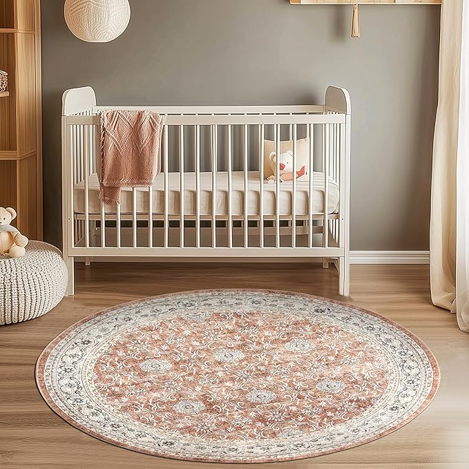 jinchan Round Rug 4ft Washable Circle Soft Rug - Low Pile Vintage 4'Round Indoor Orange Floral Print Stain Resistant Boho Carpet Ultra-Thin Non-Slip for Entryway Nursery Bedroom Dining Room Kitchen