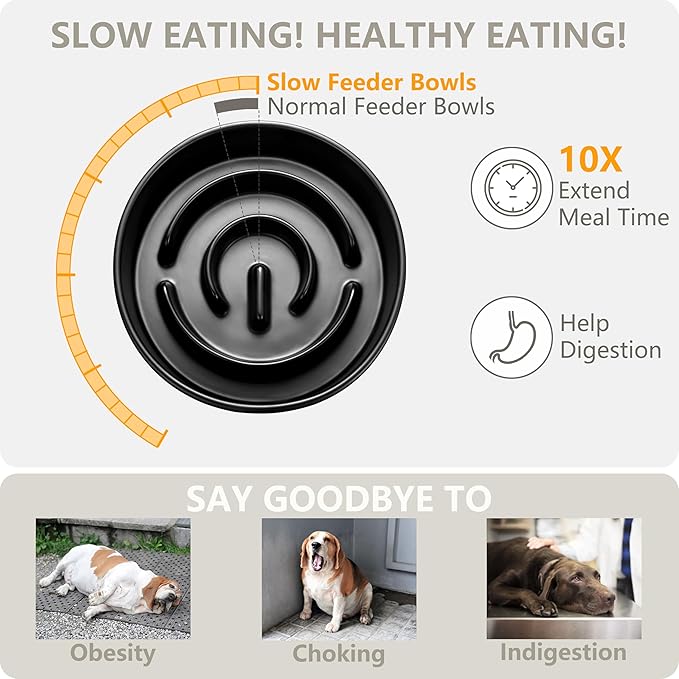 Ceramic Slow Feeder and Water Bowl Set for Medium and Large Dogs, Ceramic Dog Bowls Elevated with Wooden Stand, 2.0 Cups Dog Slow Feeder(30oz) and 70oz Water Bowl Set, Black