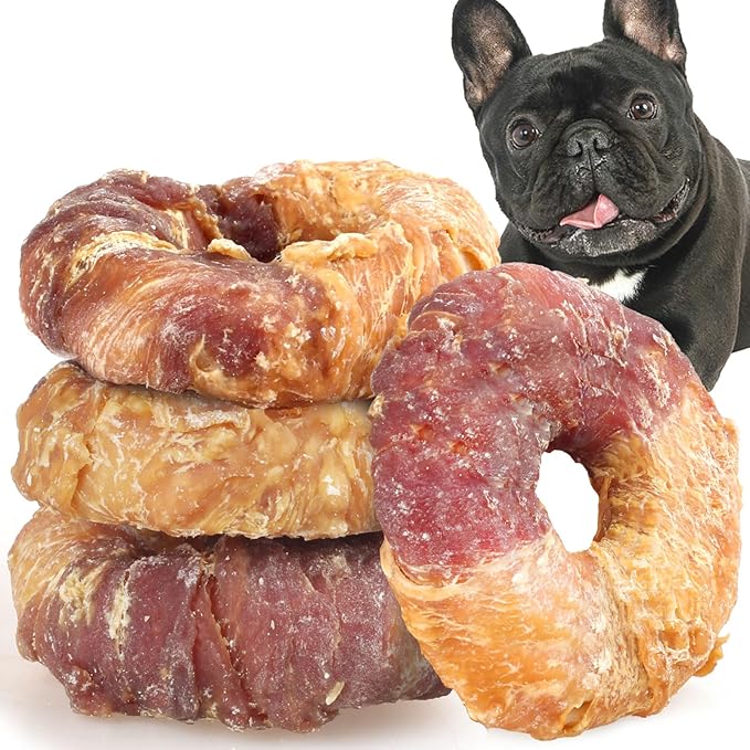 ASMPET Dog Treats Chews, Chicken & Duck Wrapped Rawhide Donuts Dental Care Chews for Small Medium Large Breed Aggressive Chewers (Pack of 4)