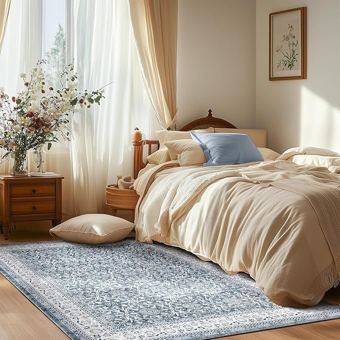 jinchan Floral Area Rugs 4x6 - Machine Washable Vintage Distressed Boho Design Throw Rug Stain Resistant Carpet Low Pile Ultra-Thin Non-Slip for Bedroom Living Room Dining Room Kitchen (4‘x6', Grey)