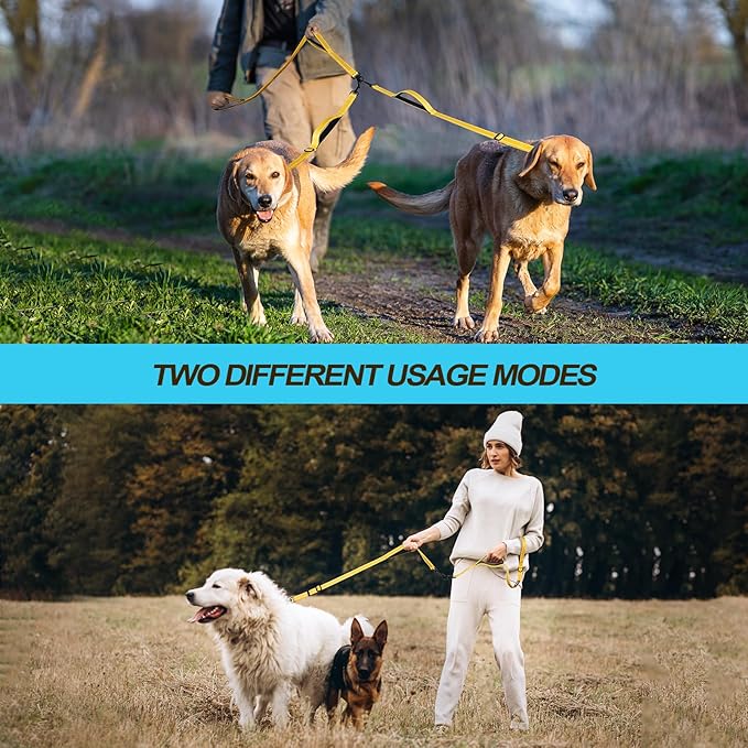 PetBonus Double Dog Leash, No Tangle Dual Leash, Reflective Walking Training Lead, 4 Comfortable Padded Handles for 2 Dogs with Collapsible Bowl and Waste Bags (Yellow, Large)