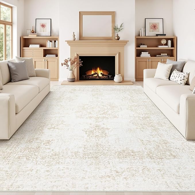 Vintage Living Room Area Rug - 9x12 Large Machine Washable Boho Moroccan Rug Distressed Farmhouse Rugs for Bedroom - Soft Non-Slip Indoor Carpet for Dining Room Office Nursery(Ivory, 9'x12')