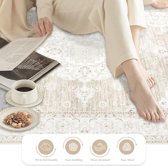 Vintage Living Room Area Rug - 5x7 Large Machine Washable Boho Moroccan Rug Distressed Farmhouse Rugs for Bedroom - Soft Non-Slip Indoor Carpet for Dining Room Office Nursery(Boho Beige, 5'x7')