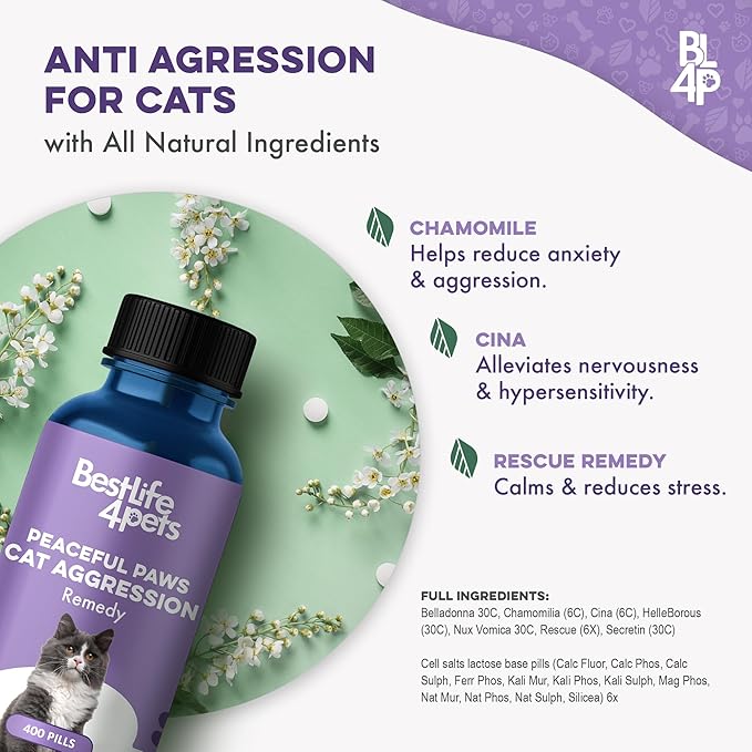 Anti Aggression for Cats Calming Remedy, A Natural Diffuser and Cat Calming Aid for Stress, Spiteful Spraying, Scratching & Territorial Behavior, Non-Drowsy, 400 Odorless, Tasteless Pills