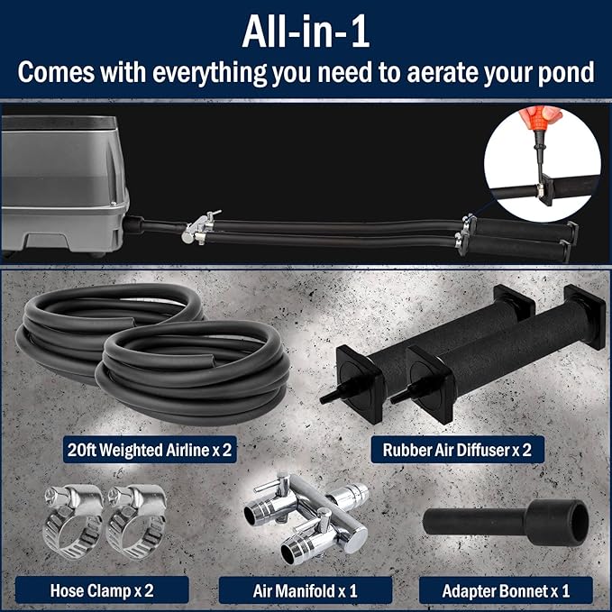 AquaMiracle All-in-1 Koi Pond Aeration Kit Pond Air Pump with Self-Sinking Airline Rubber Air Diffuser, Air Flow Control Pond Aerator for Outdoor Pond 5,000-10,000 Gallons