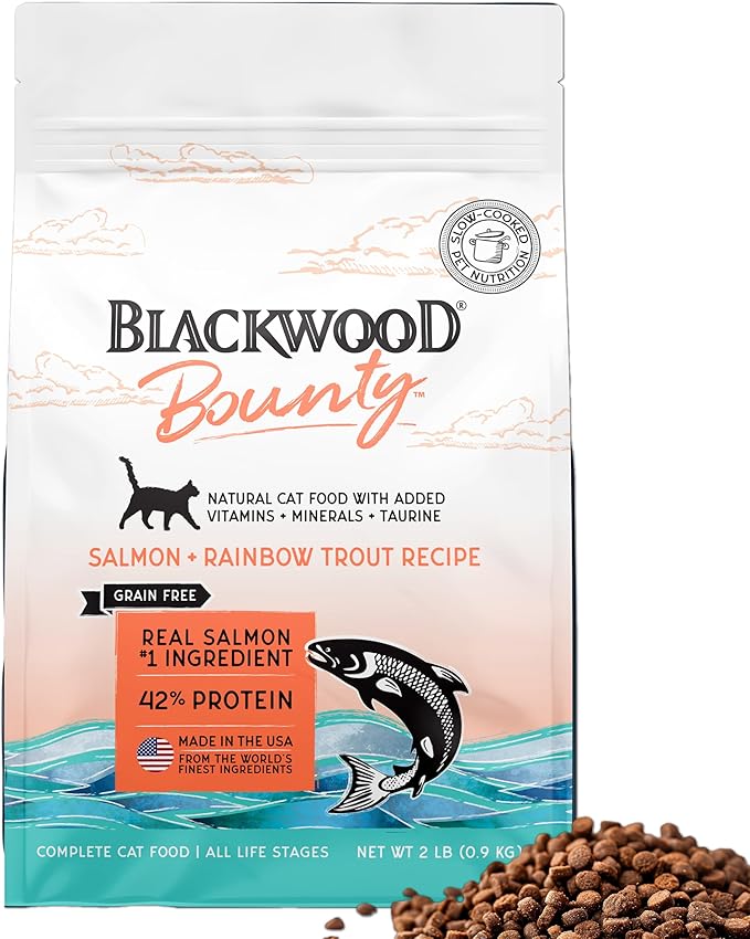 Blackwood Bounty Dry Cat Food, Salmon & Rainbow Trout Recipe for All Life Stages, 2 Pound Bag, High Protein, Grain Free
