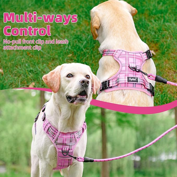 PUPTECK No Pull Dog Harness for Large, Adjustable Reflective Dog Harness with Handle Easy Control, Comfortable Soft Padded Pet Vest Harness for Large Dogs, Plaid Pink L