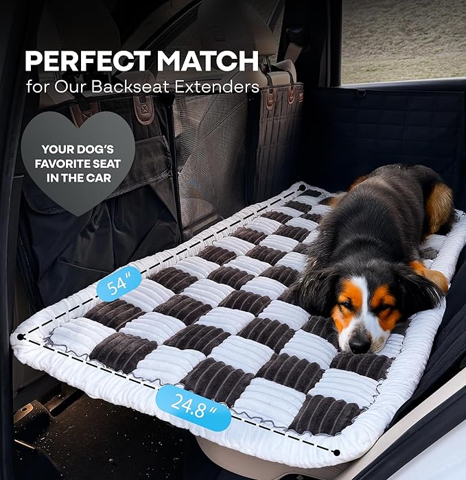 APetsPlanet Dog Bed for Car Back Seat Extender - Non-Slip Backseat Cushion for Dogs - Travel Plush Pet Mat Topper for Cars, Trucks, SUVs - Machine Washable Pad Blanket - Black Plaid, 54" x 24.8"