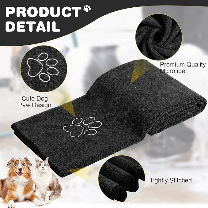 Chumia 4 Pack Dog Towels for Drying Large Microfiber Grooming Tools Absorbent Soft Bath Supplies with Embroidered Paw for Small Medium Pet Products(30 x 50 Inch,Black)