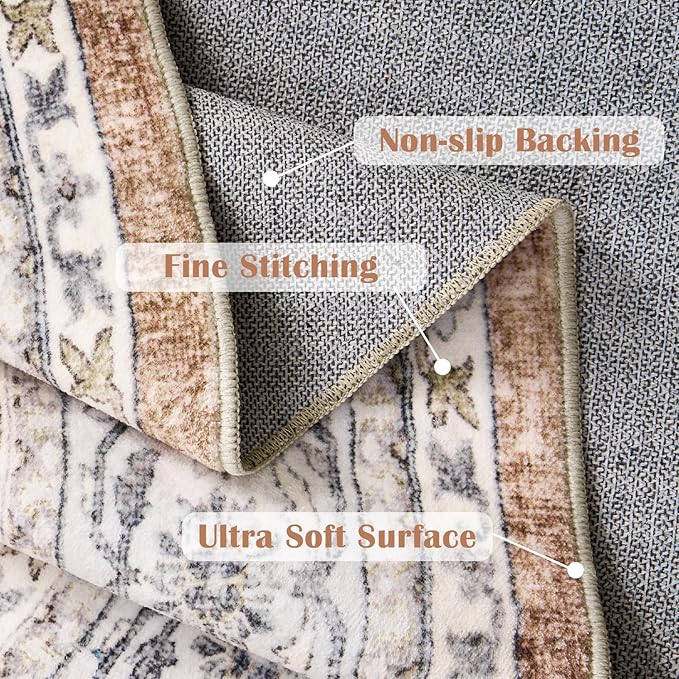 jinchan Round Rug 4ft Washable Circle Soft Rug - Low Pile Vintage 4'Round Indoor Orange Floral Print Stain Resistant Boho Carpet Ultra-Thin Non-Slip for Entryway Nursery Bedroom Dining Room Kitchen