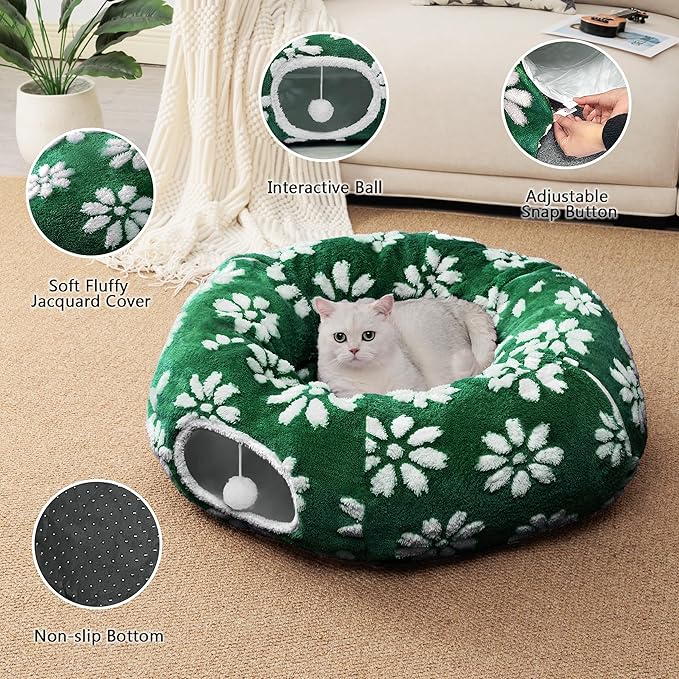 Cat Tunnel for Indoor Cats, Cute Peekaboo Cat Cave with Dangling Balls, Pet Donut Tunnel Bed with Circle Mat for Puppy Kitten Rabbit, Green Flower