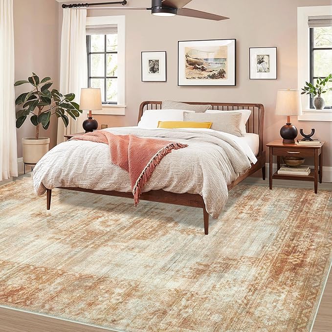 Vintage Living Room Area Rug - 6x9 Large Machine Washable Boho Moroccan Rug Distressed Farmhouse Rugs for Bedroom - Soft Non-Slip Indoor Carpet for Dining Room Office Nursery (Brown, 6'x9')