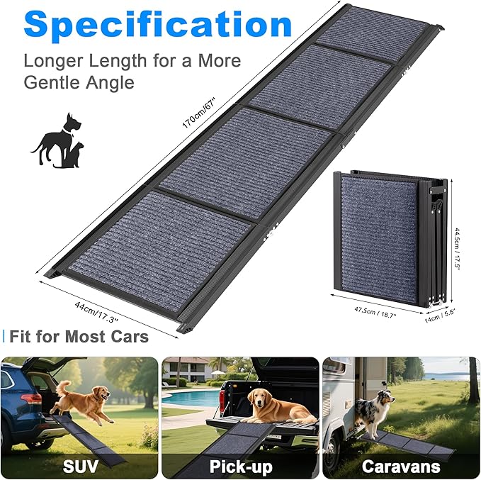 AQUILLA Dog Ramp for Car, 67" Aluminum Foldable Pet Ramp with Anti-Slip Soft Surface, Outdoor Portable Pet Ramp for Old & Medium & Large Dogs Enter Caravans, High Bed, Up to 250LBS (67" L x 17.3" W)
