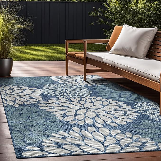 Beverly Rug Outdoor Rug 9x12 Modern Exotic Tropical Leaf Area Rugs for Indoor and Outdoor Patio Deck Porch Garden Water Resistant Washable Outside Carpet (9 x 12 Blue)