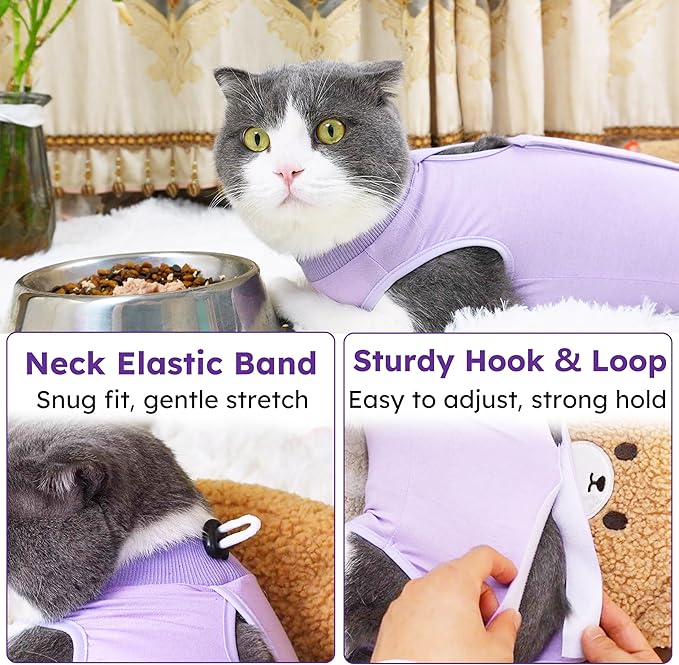 Cat Recovery Suit for Abdominal Wounds or Skin Diseases,Kitten Onesie for Cats After Surgery Wear Surgical Spay Suit for Female Cats Kitten Cone of Shame Alternative-Purple(S)