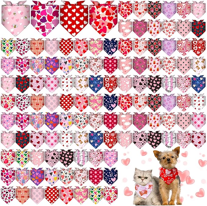 Amylove 120 Pcs Halloween Dog Bandanas Bulk Holiday Triangle Dog Pack Puppy Kerchief Bandana Adjustable Pet Scarf for Pet Cat Costume Accessories Decor(Love)