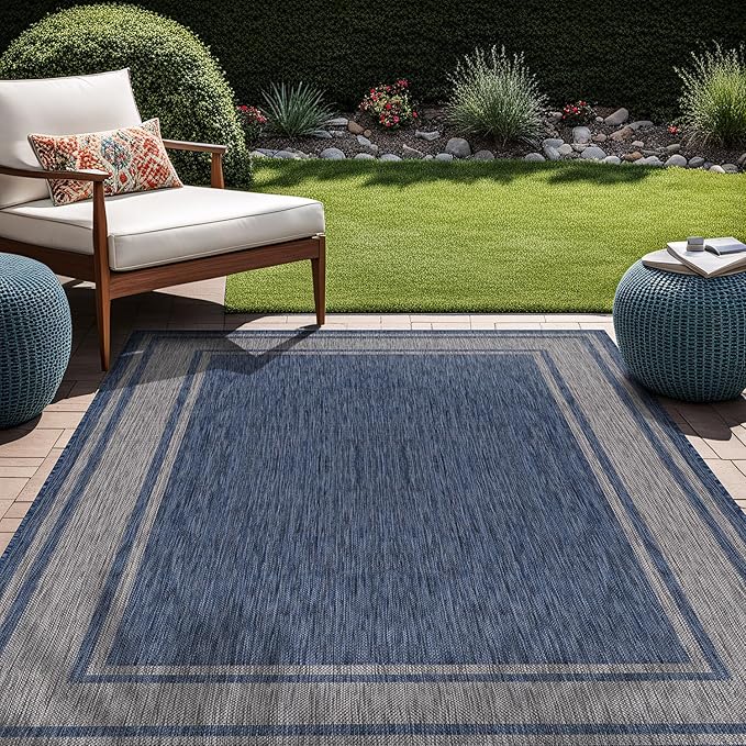 Beverly Rug Outdoor Rug 5x7 Modern Bordered Area Rugs for Indoor and Outdoor Patio Deck Porch Garden Waterproof Weather Sun Resistant Washable Outside Carpet (5 x 7 Navy)
